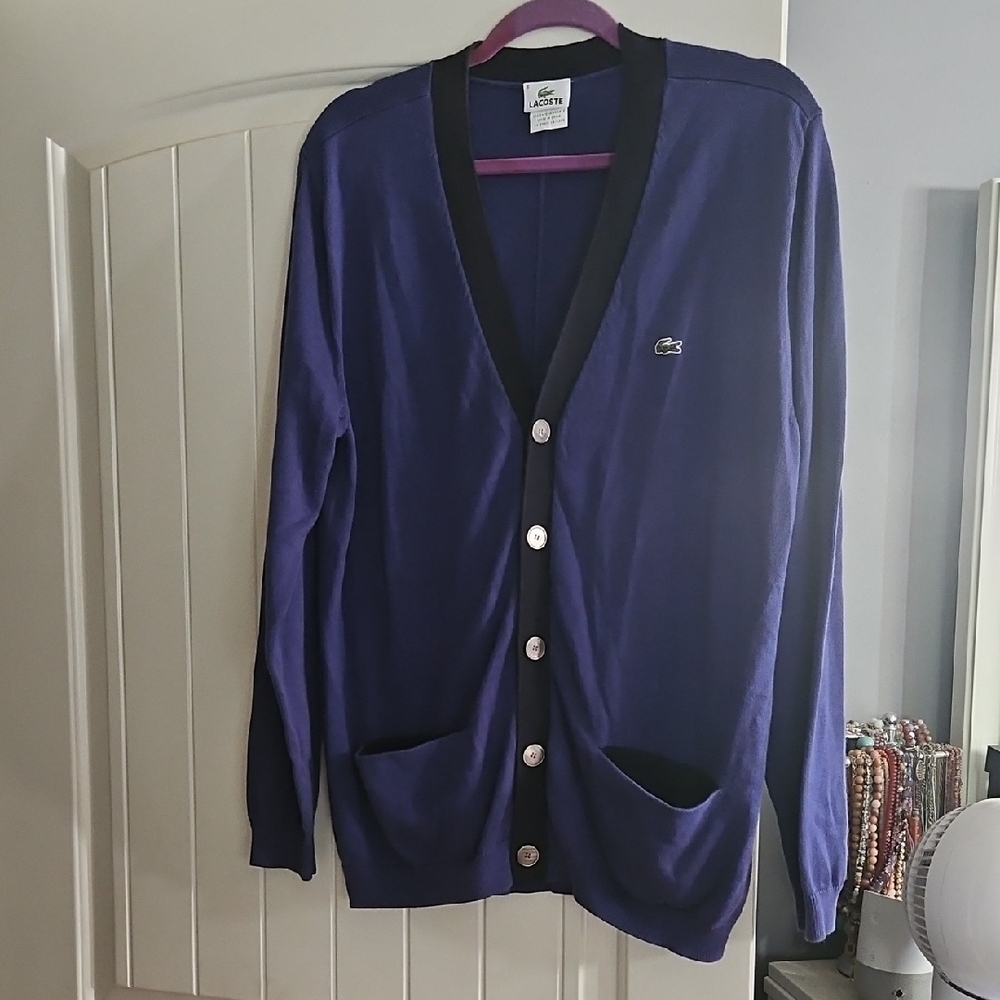 Vintage Lacoste Men's V-Neck Blue Cardigan Sweater Size 6 Fits L-Xl